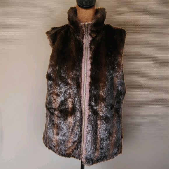 Old Navy Reversible Faux Fur Zip Front Vest Women's Size M Brown Pockets - Picture 1 of 8